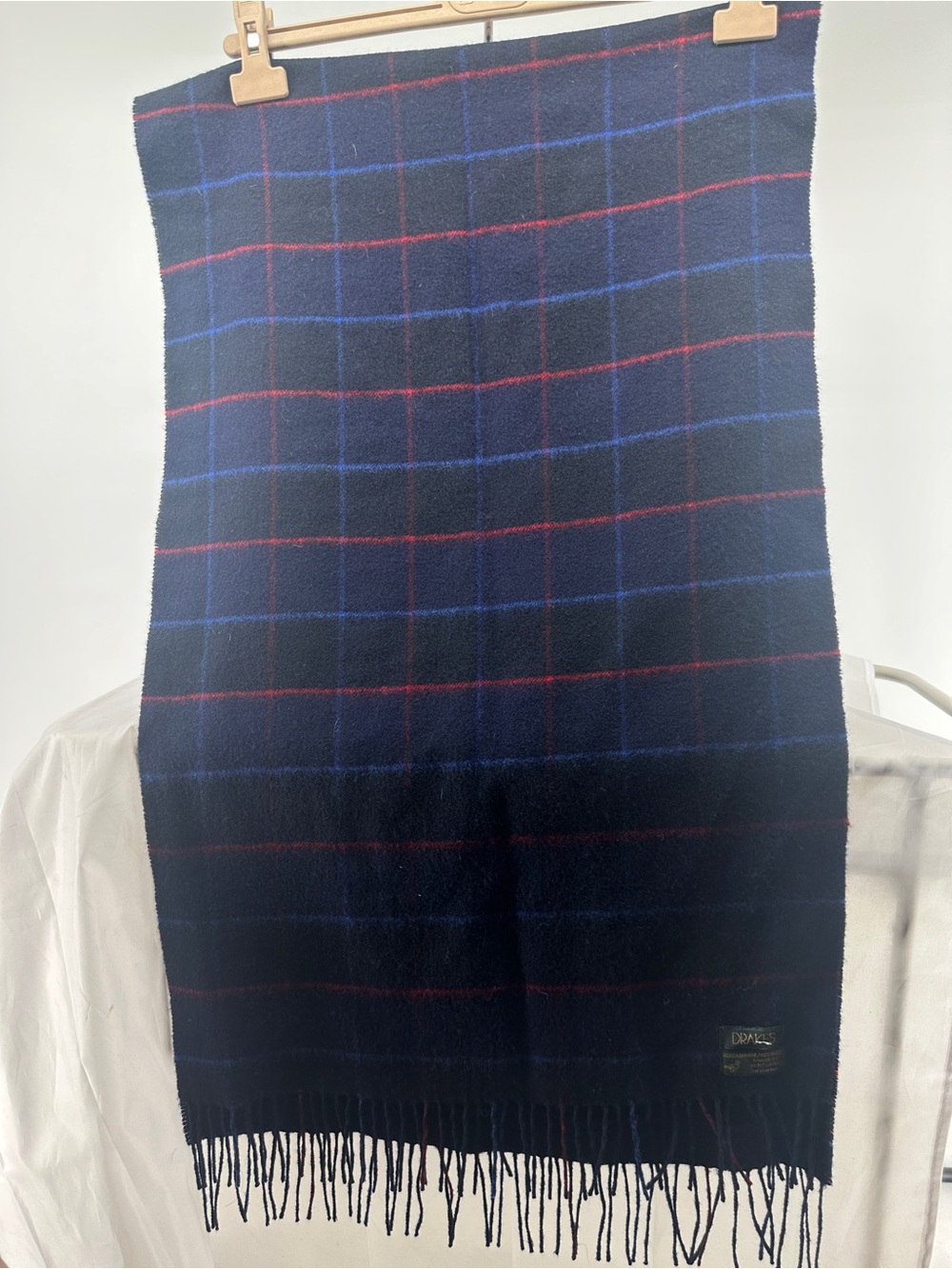 Drakes navy blue and red plaid cashmere and wool scarf
